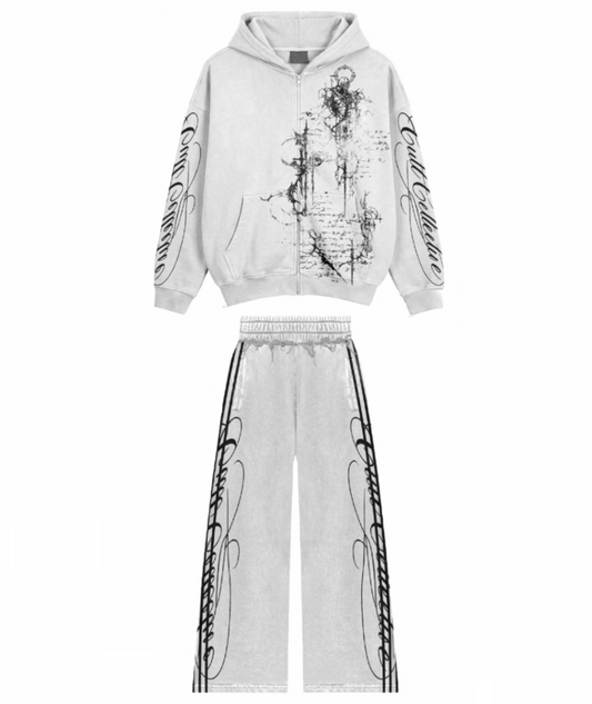 White Signature Cult Collective Cropped Zip Up + Baggy Sweats (PRE ORDER)